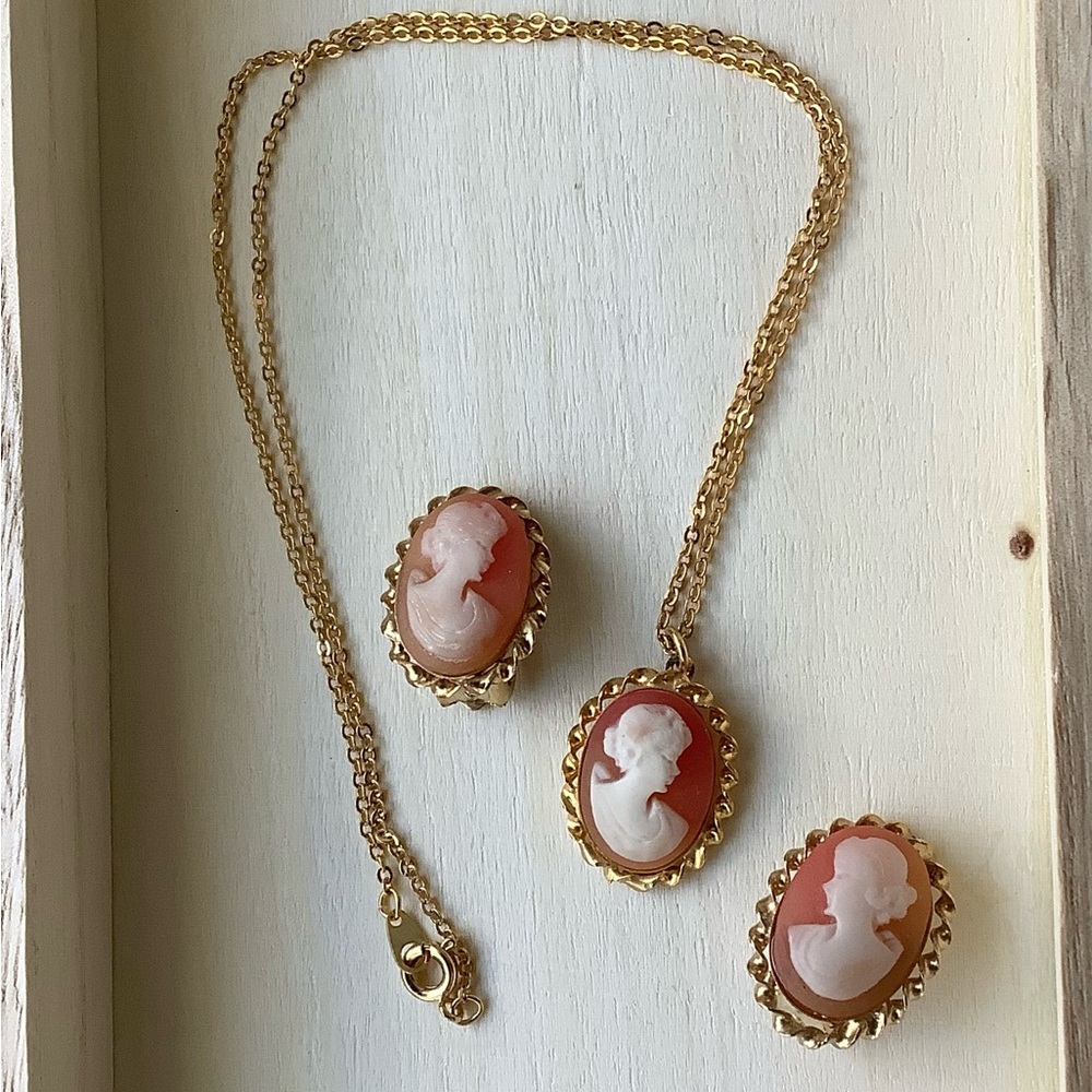 Vintage 3 piece cameo set coral ombré